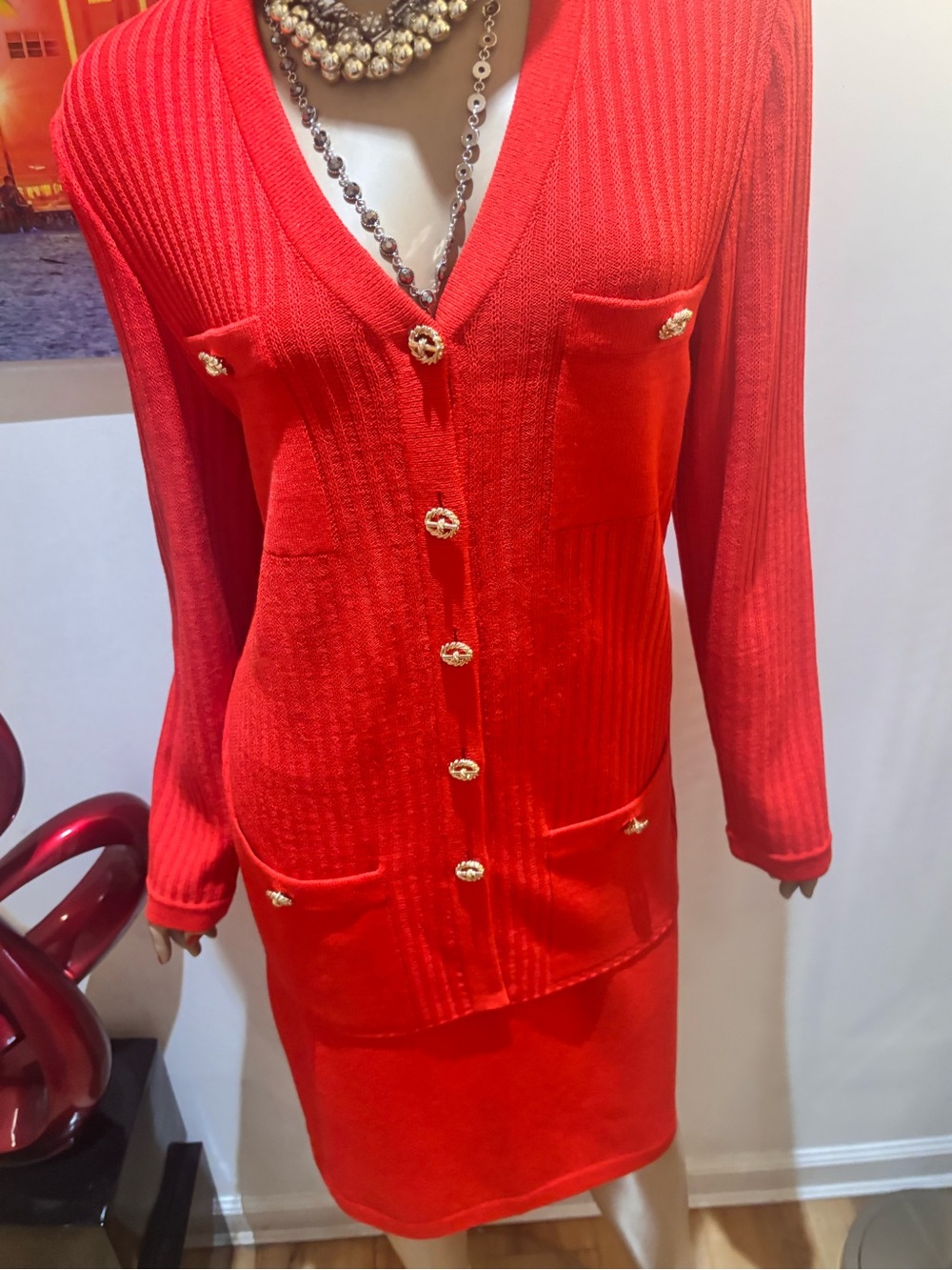 St. John Red Orange coral Knit Blazer 12 L Jacket Gold Buttons embellished